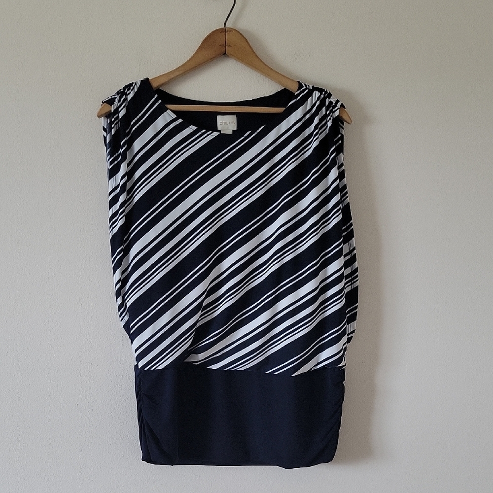 Chico's Navy White Knit Kit‎ Stripe Sleeveless Top Size Large
